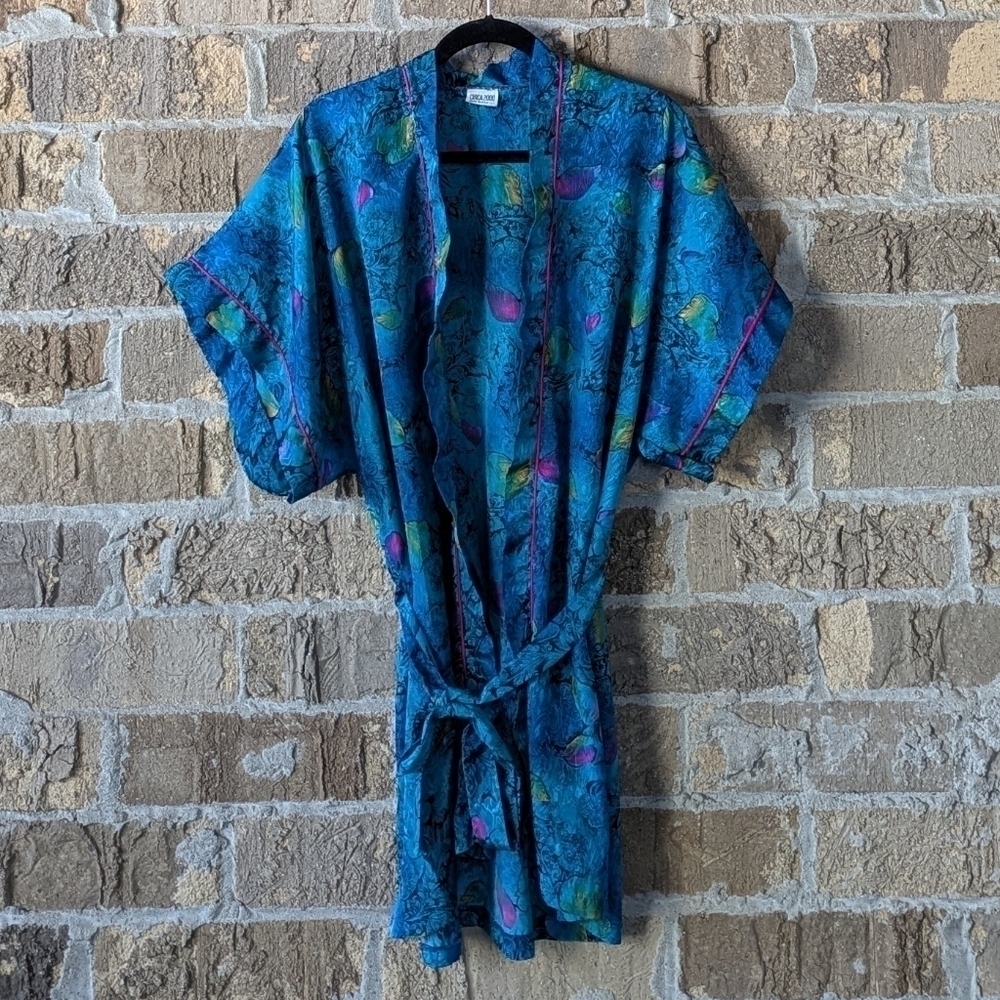 VTG Circa 2000 Textured Satin Short Robe Blue Pink Green Yellow Size Large
